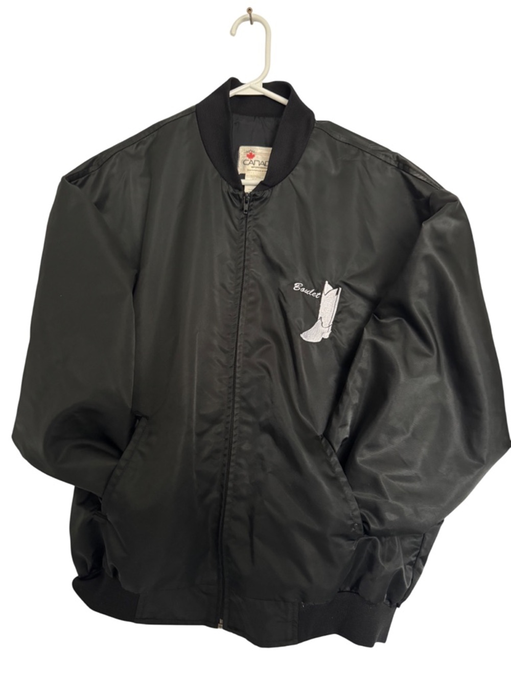 Vintage Black Bomber Jacket XL Satin Nylon Made in Canada • Boulet • Western